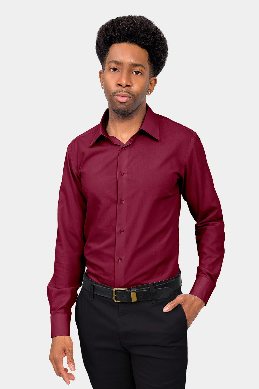 Men's Slim Fit Solid Color Dress Shirt (Burgundy)