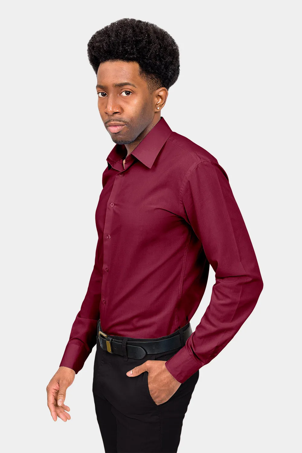 Men's Slim Fit Solid Color Dress Shirt (Burgundy)