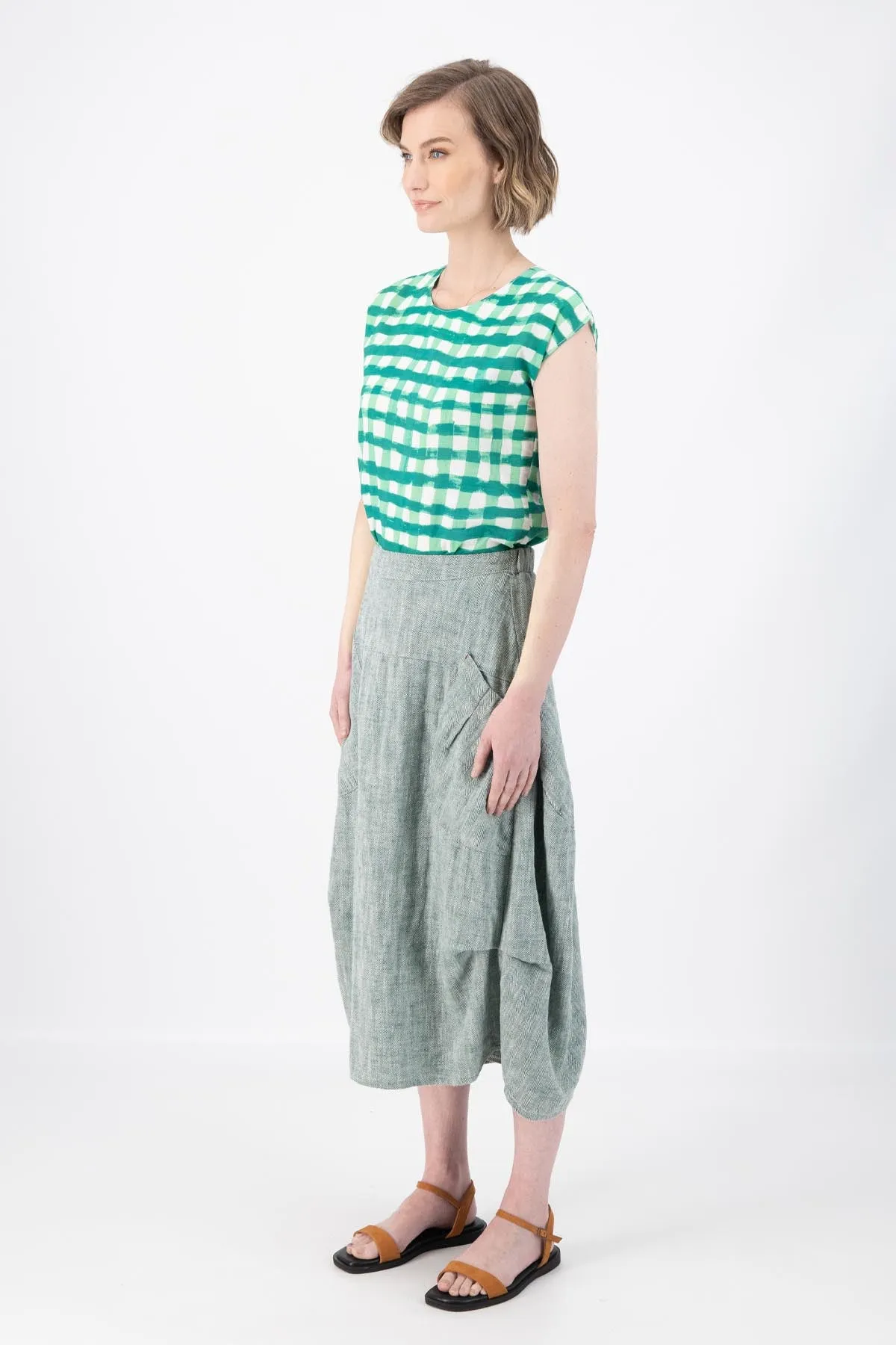 Milwaukee Panorama Skirt Green in Herringbone Linen