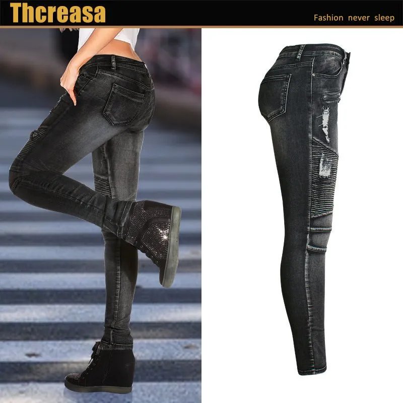 Motorcycle Style Women's Ripped Hole Slim Elastic Thin Denim Pencil Pants Pencil Pants