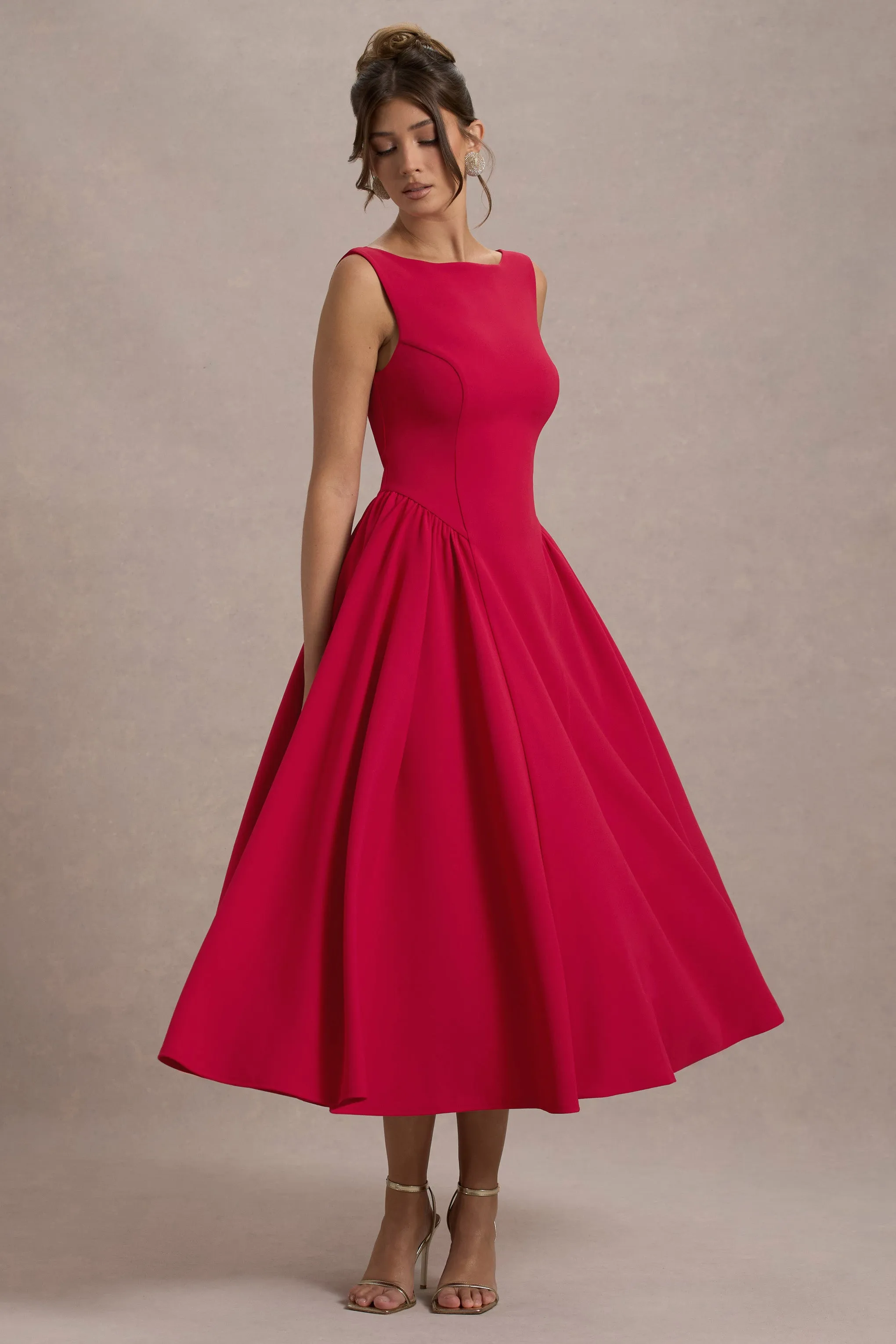 Muriel | Red Boat-Neck Volume-Hem Midi Dress