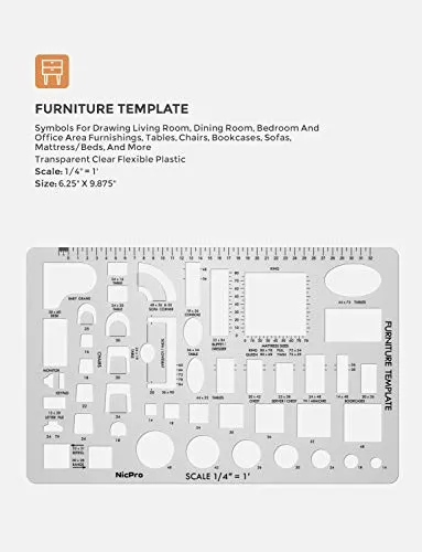 Nicpro Plastic Drafting Tools Architectural Templates, 3 PSC Geometry Template Supplies for CAD Drawing House Plan Furniture Kitchen, Building, Interior Design Tools Ruler Shapes