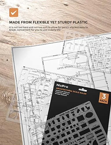 Nicpro Plastic Drafting Tools Architectural Templates, 3 PSC Geometry Template Supplies for CAD Drawing House Plan Furniture Kitchen, Building, Interior Design Tools Ruler Shapes