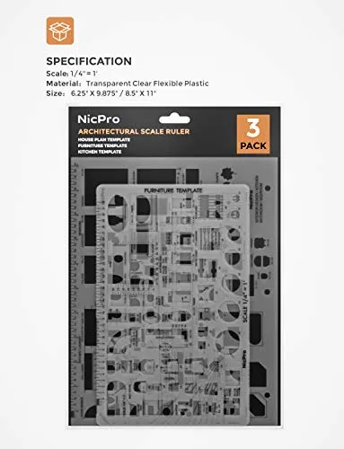 Nicpro Plastic Drafting Tools Architectural Templates, 3 PSC Geometry Template Supplies for CAD Drawing House Plan Furniture Kitchen, Building, Interior Design Tools Ruler Shapes