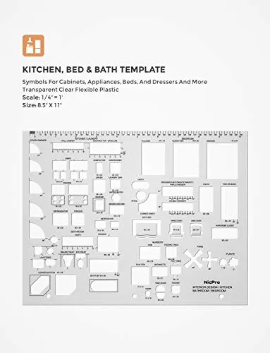 Nicpro Plastic Drafting Tools Architectural Templates, 3 PSC Geometry Template Supplies for CAD Drawing House Plan Furniture Kitchen, Building, Interior Design Tools Ruler Shapes