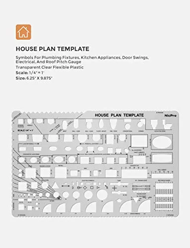 Nicpro Plastic Drafting Tools Architectural Templates, 3 PSC Geometry Template Supplies for CAD Drawing House Plan Furniture Kitchen, Building, Interior Design Tools Ruler Shapes