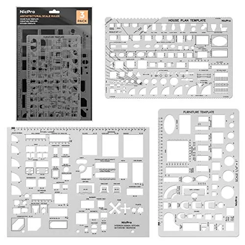 Nicpro Plastic Drafting Tools Architectural Templates, 3 PSC Geometry Template Supplies for CAD Drawing House Plan Furniture Kitchen, Building, Interior Design Tools Ruler Shapes