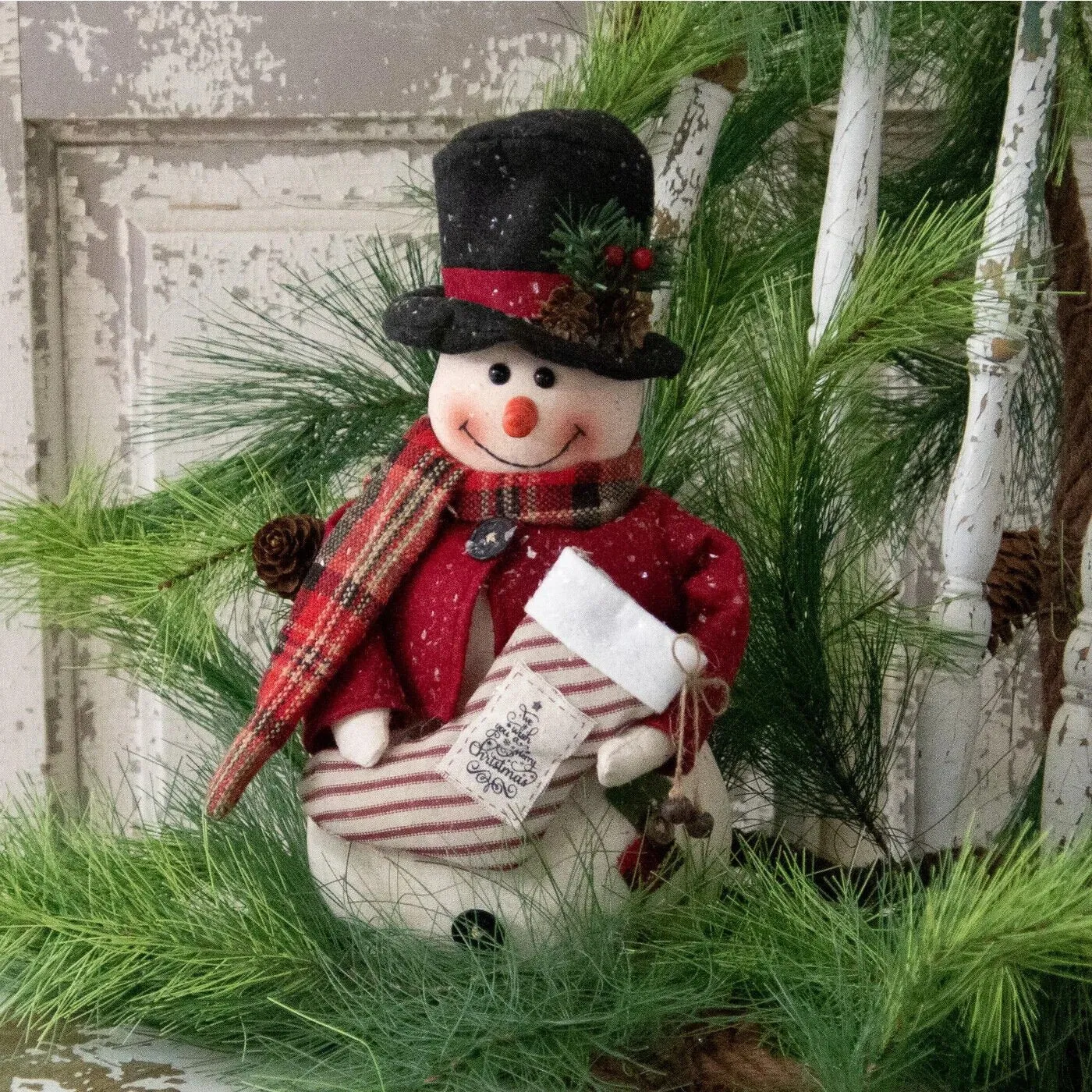 Primitive Christmas Glitter Snowman Doll w/ Stocking and Top Hat  12"