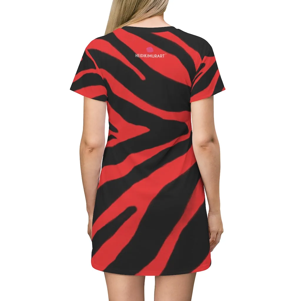 Red Zebra Print T-Shirt Dress, Zebra Animal Print Crew Neck Long Tee Shirt Dress - Made in USA