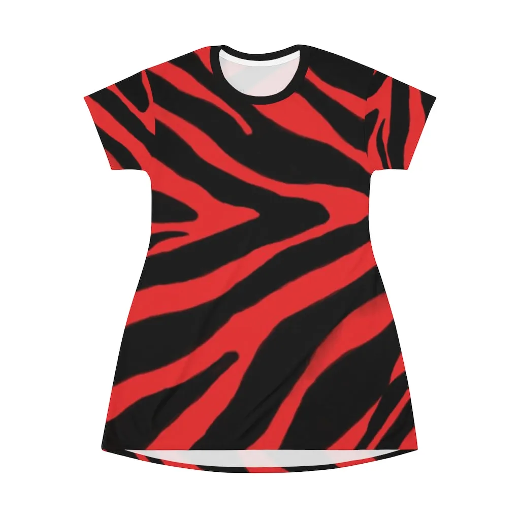 Red Zebra Print T-Shirt Dress, Zebra Animal Print Crew Neck Long Tee Shirt Dress - Made in USA