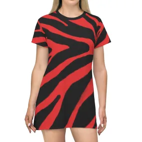 Red Zebra Print T-Shirt Dress, Zebra Animal Print Crew Neck Long Tee Shirt Dress - Made in USA