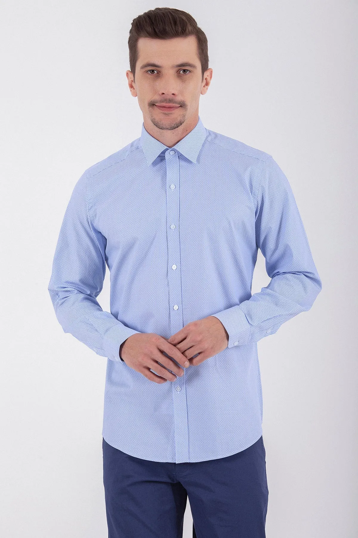 Regular Fit Long Sleeve Cotton Blue Dress Shirt