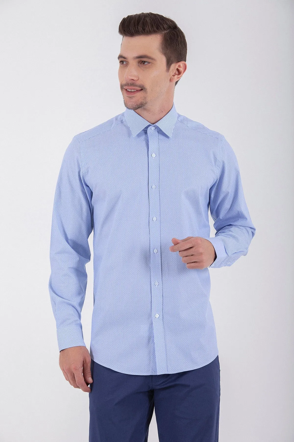 Regular Fit Long Sleeve Cotton Blue Dress Shirt