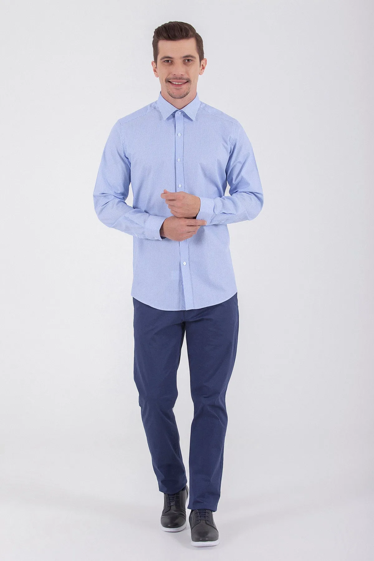 Regular Fit Long Sleeve Cotton Blue Dress Shirt