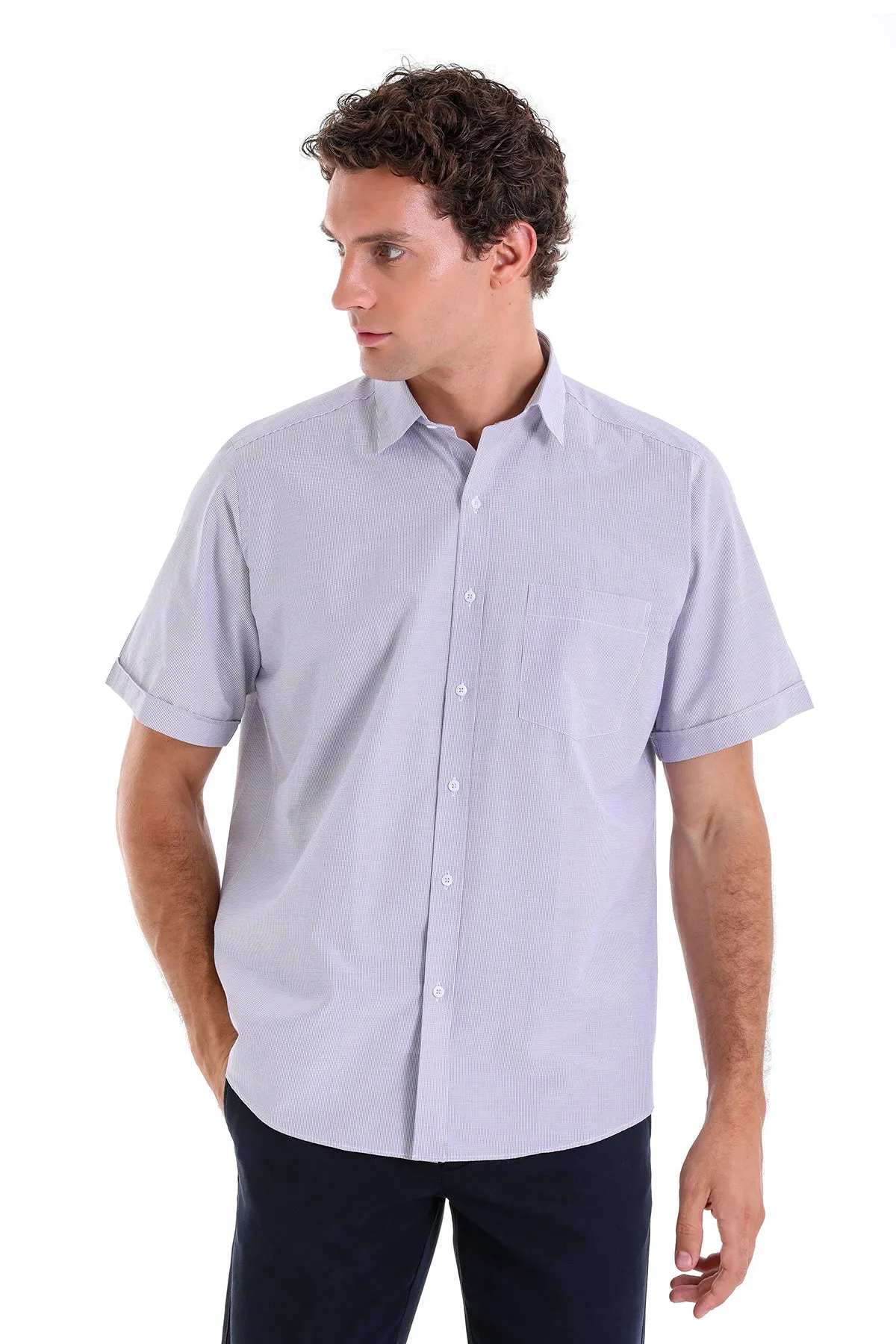 Regular Fit Pin Check Cotton Blend Purple Dress Shirt