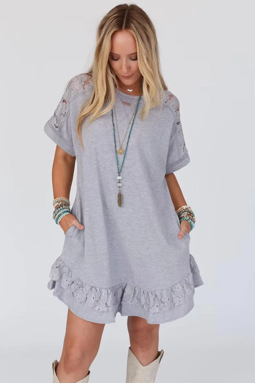 Ruffled Grey Lace Floral T-shirt Dress