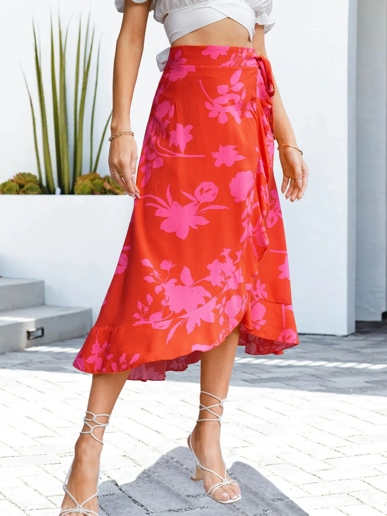 Scarlet Vintage Floral Petal Ruffle Wrap Skirt in Orange & Pink