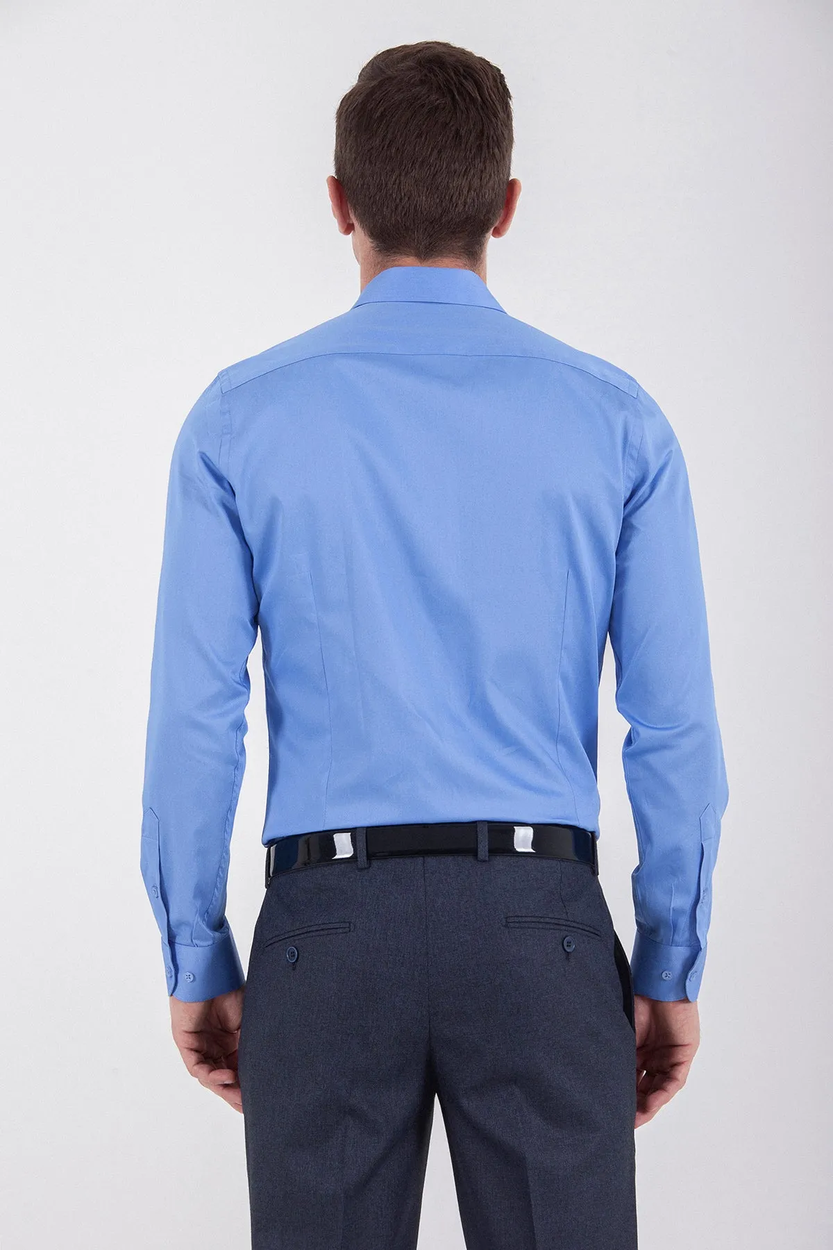 Slim Fit Long Sleeve Cotton Blue Dress Shirt