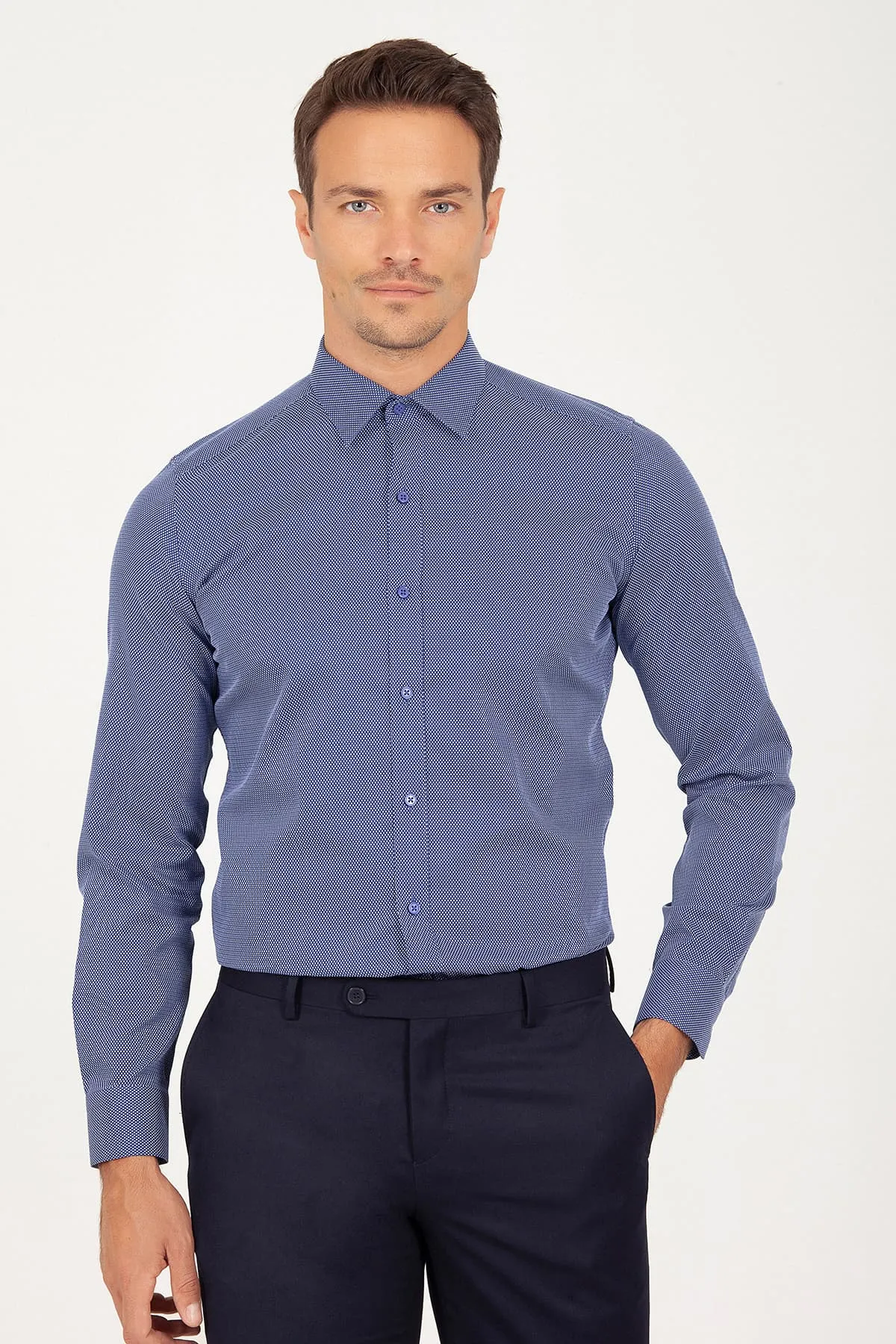 Slim Fit Long Sleeve Cotton Navy Dress Shirt