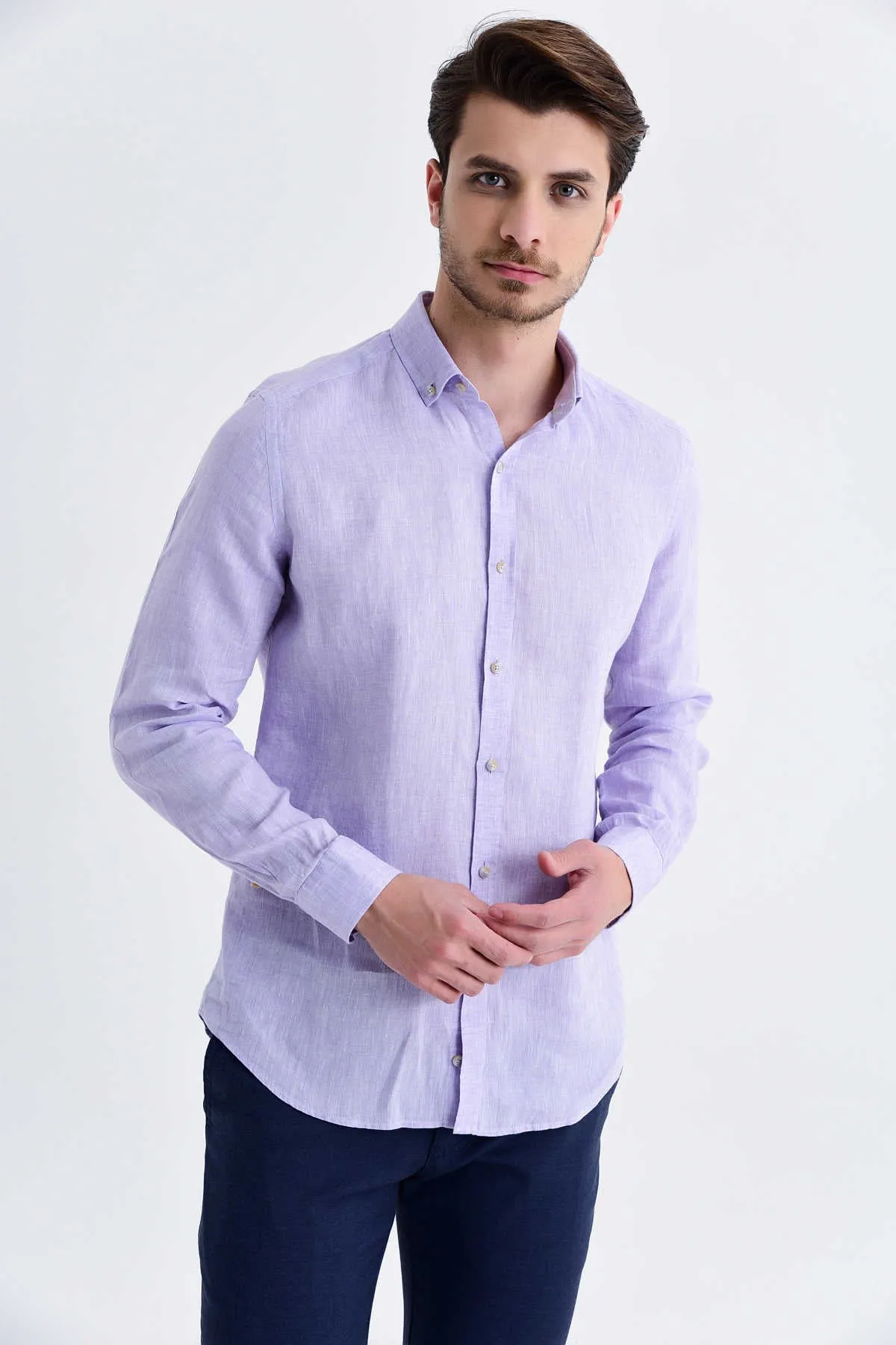 Slim Fit Long Sleeve Linen Lilac Dress Shirt