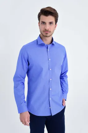 Slim Fit Long Sleeve Printed Cotton Navy Dress Shirt