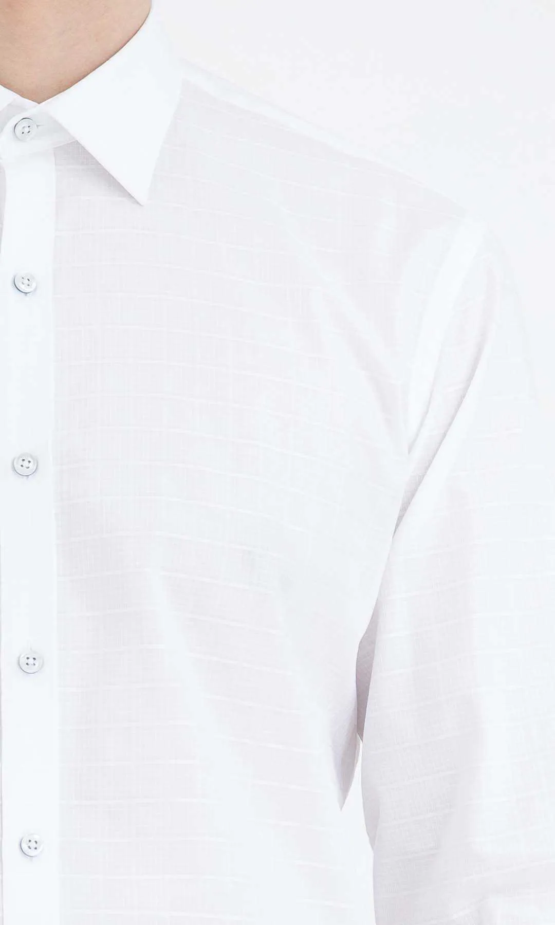 Slim Fit Long Sleeve Windowpane Cotton White Dress Shirt