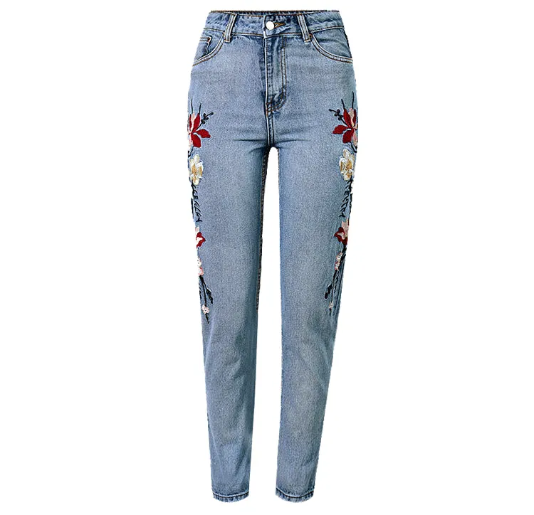 Slim Women's BF High Waist Embroidered Washed Straight Pants Nine Points Jeans