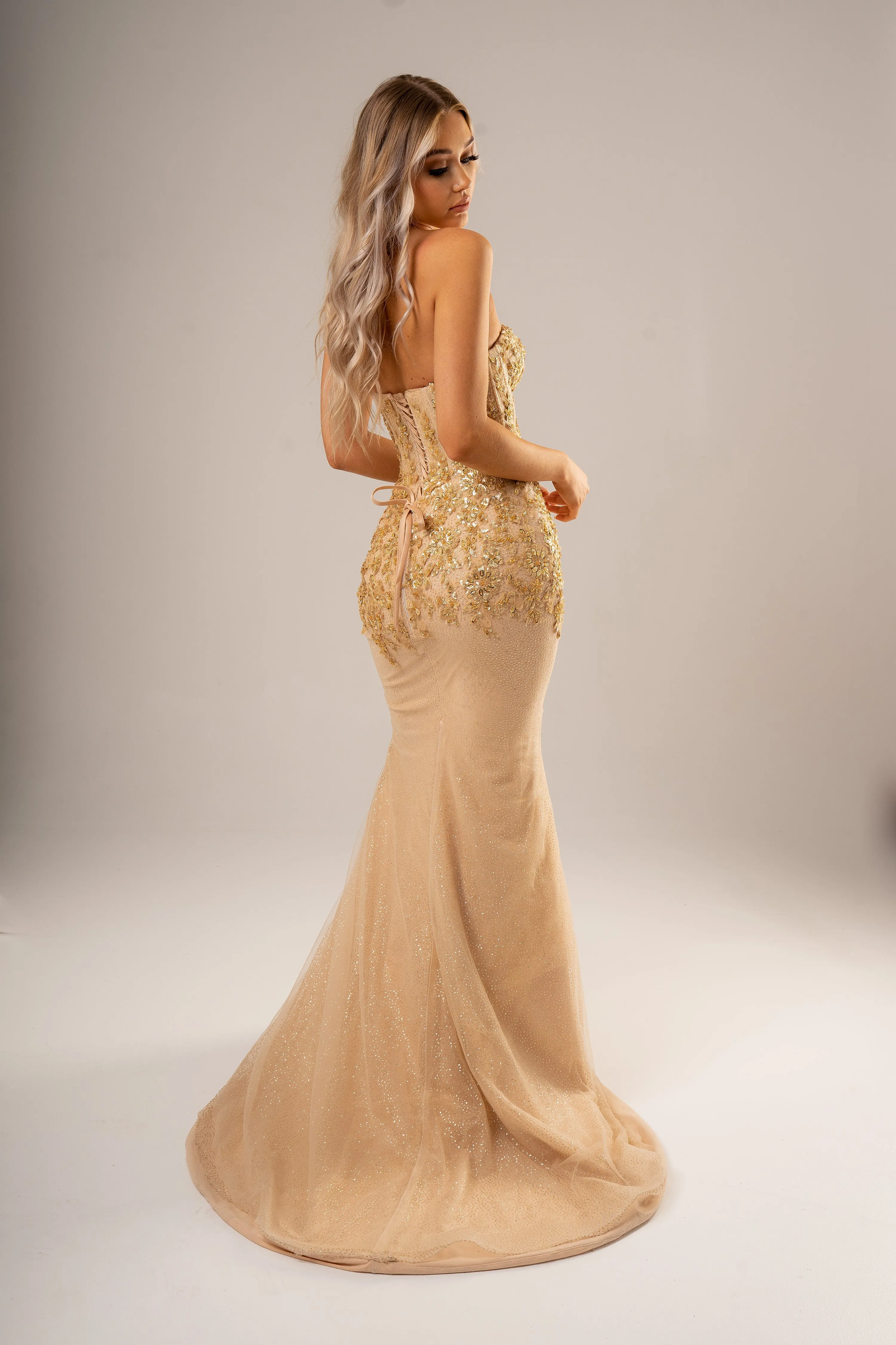 Sparkling gold bustier mermaid dress for hire