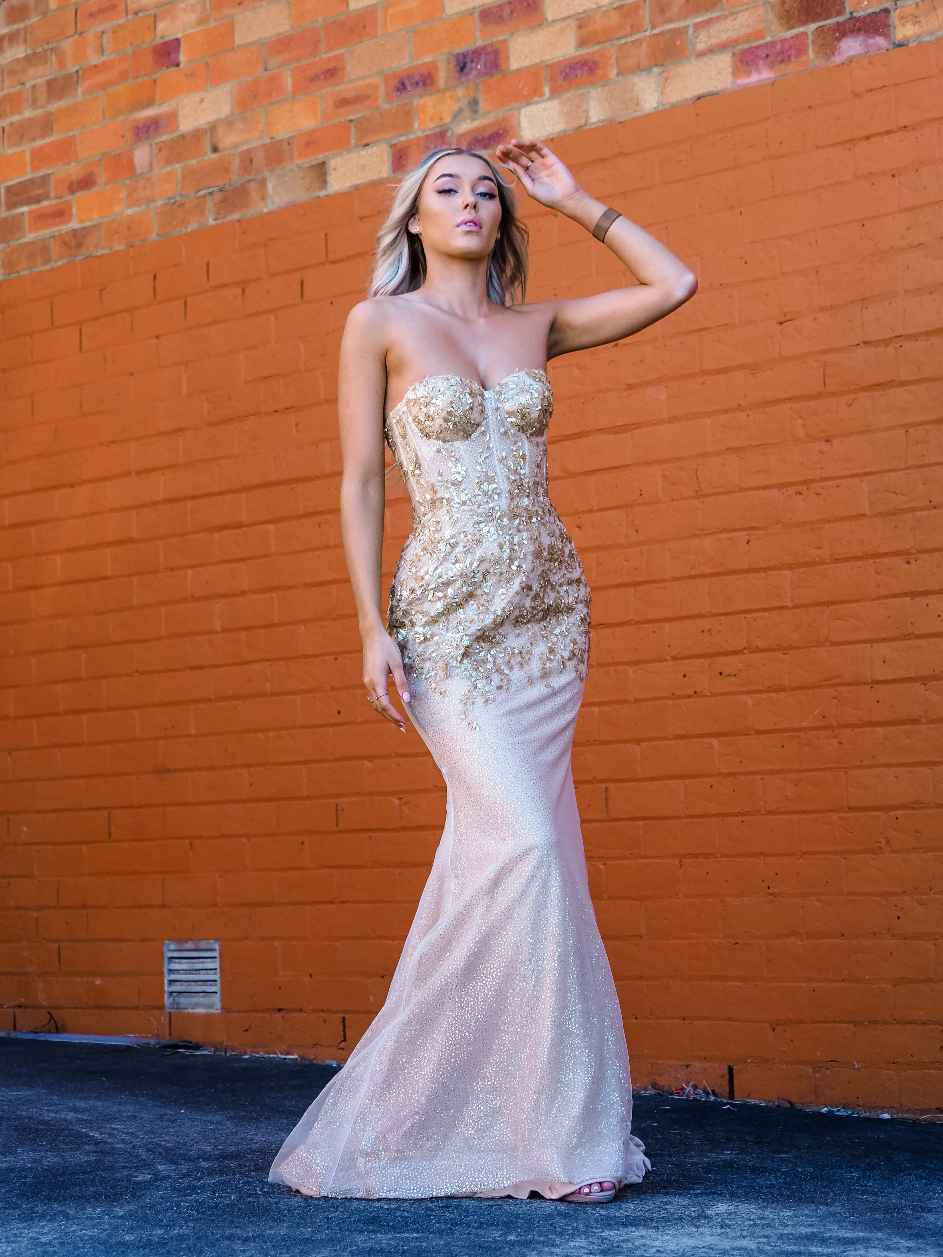 Sparkling gold bustier mermaid dress for hire