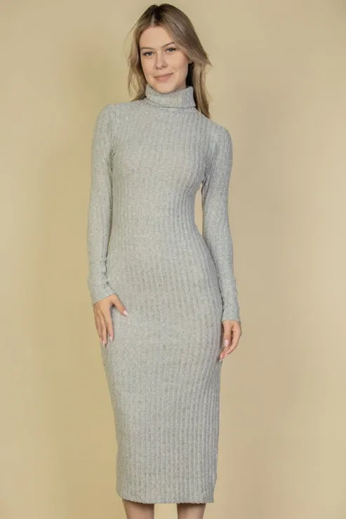 Sweater-Knit Fuzzy Turtle Neck Split Thigh Dress