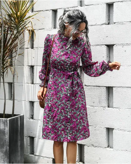 TastyHottie - stand-up collar lantern sleeve dress floral lace A-line skirt