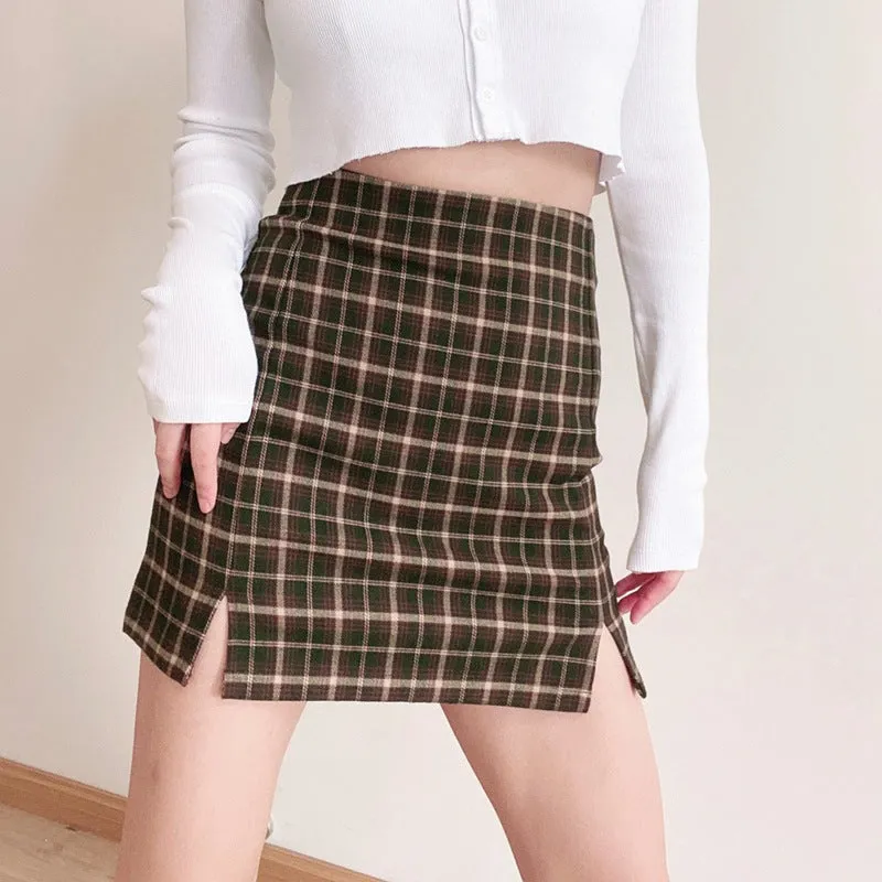 Toleet Fall street style Plaid Split All-Match Sheath Skirt Women's Mini Skirt