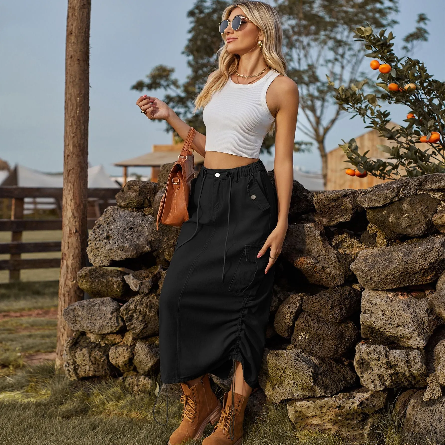 Toleet skirt outfits American Style Single Station New Drawstring Elastic Waist Overalls Skirt Casual Mid-Length Skirt Trendy Women