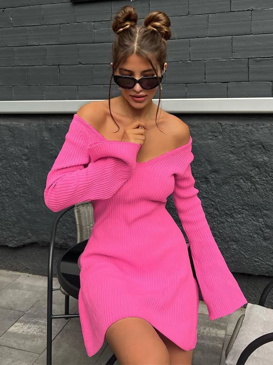 Toleet winter outfits women V-neck Long Sleeve Sexy Dress Knitted Skirt Autumn and Winter Short Skirt Bottoming A- line Ruffled Sweater Dress