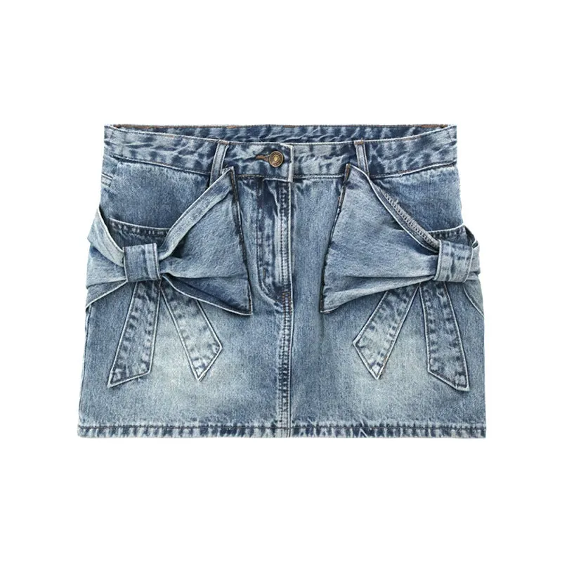 Uniwim 2000s fashion American Bow Denim Short Skirt Fashion Hot Girl Anti-Exposure Skirt High Waist A- line Hip Skirt