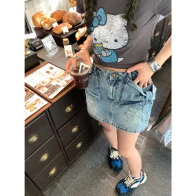 Uniwim 2000s fashion American Bow Denim Short Skirt Fashion Hot Girl Anti-Exposure Skirt High Waist A- line Hip Skirt