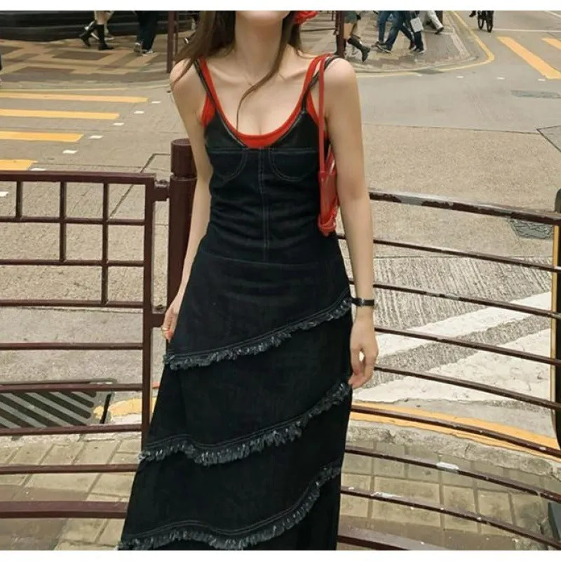 Uniwim fall 2024 fashion trends French Fashion Vintage Washed Distressed Denim Sling Dress Summer Sweet Hot Girl Frayed Irregular Dress for Women