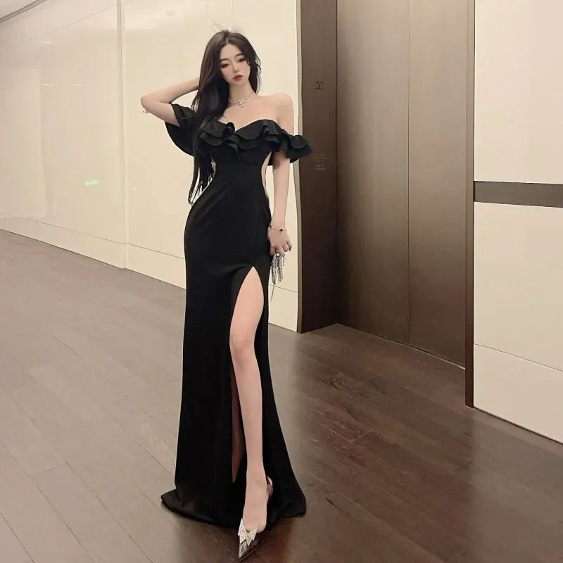 Uniwim hipster dress to impress 3734 Sexy Low-Cut off-Shoulder Tube Top Long Dress Socialite Banquet Elegant Sheath Split Evening Dress