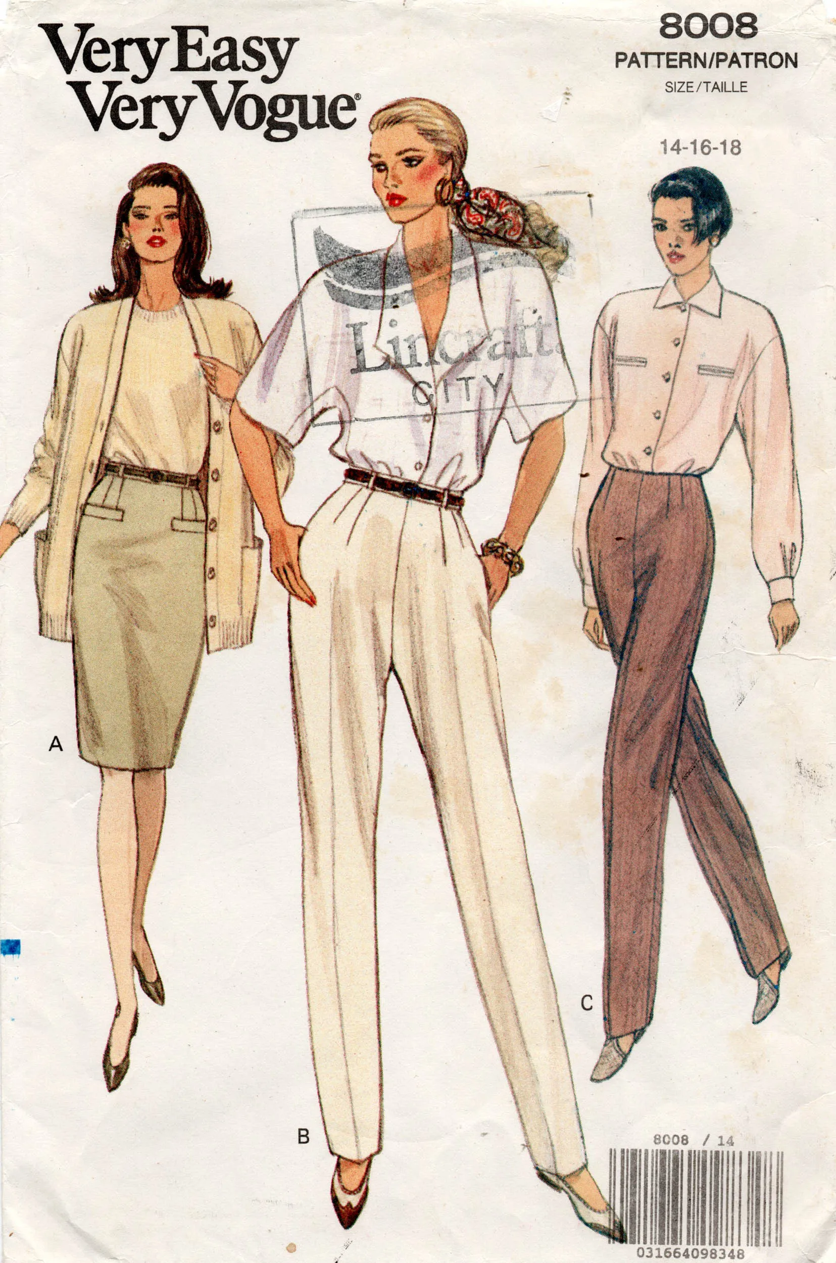 Very Easy Vogue 8008 Womens Tapered Pants & Pencil Skirt 1990s Vintage Sewing Pattern Size 14 & 16