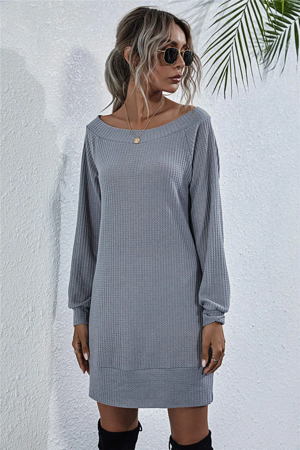 Waffle-Knit Boat Neck Mini Dress