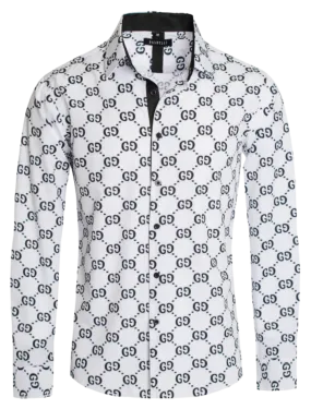 White & Black GG Men's Fashion Design Long Sleeve Shirt