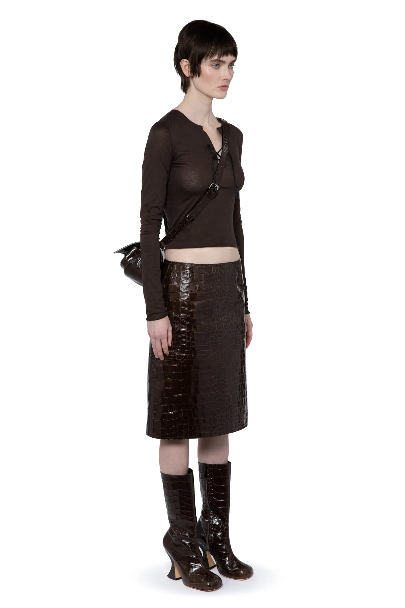 WILE MIDI SKIRT IN EMBOSSED BITTER CHOCOLATE