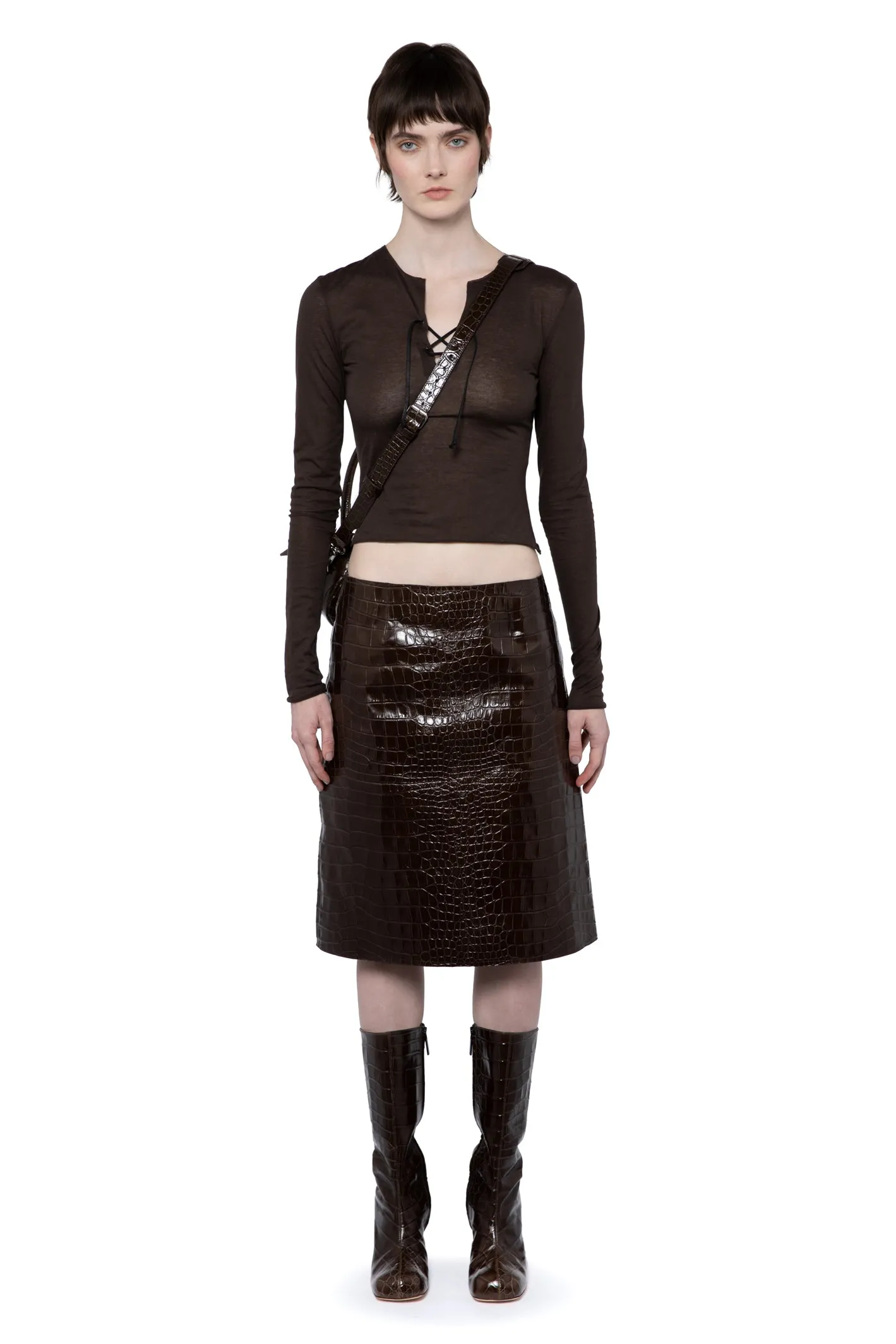 WILE MIDI SKIRT IN EMBOSSED BITTER CHOCOLATE