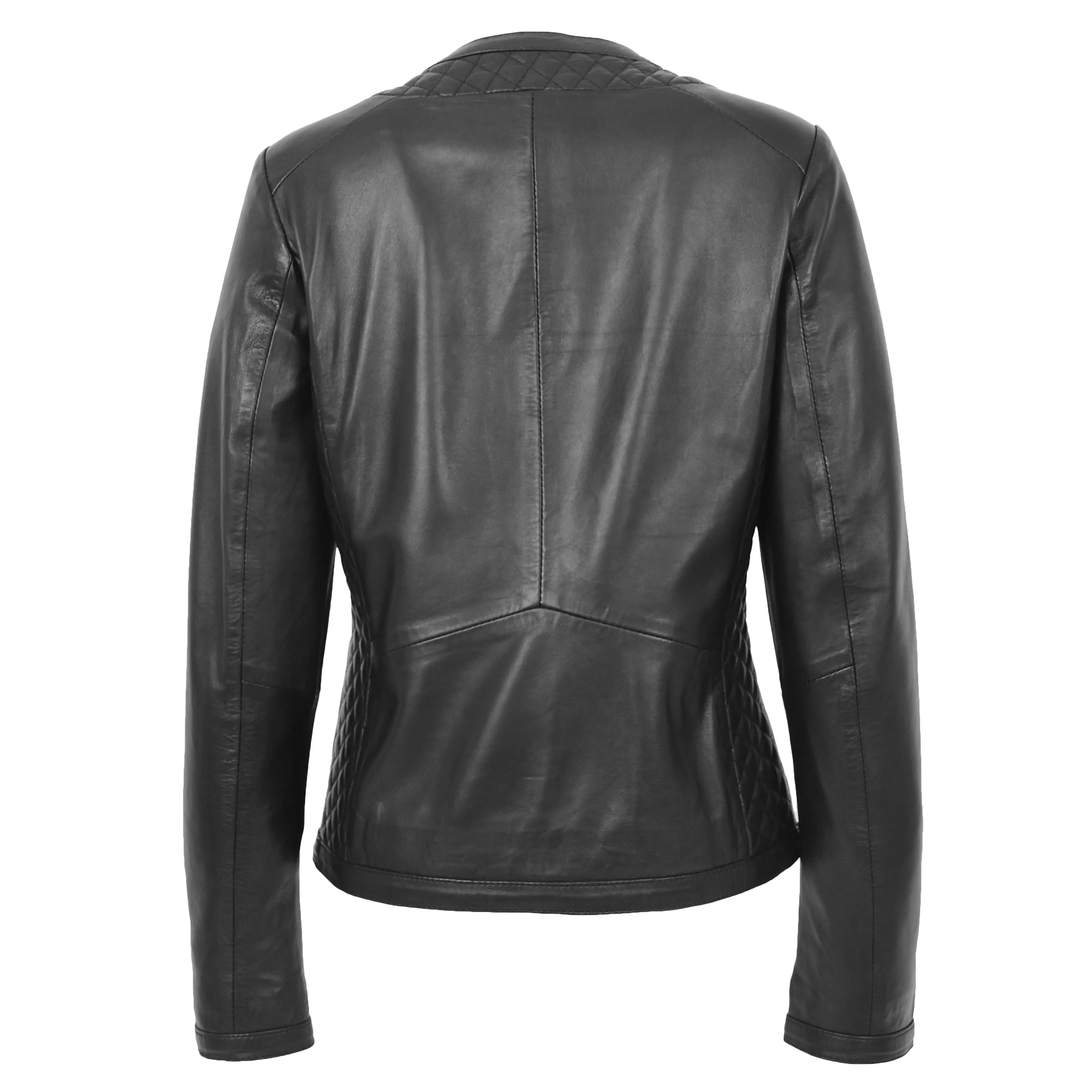 Women Collarless Black Leather Jacket Fitted Quilted Zip Up - Remi