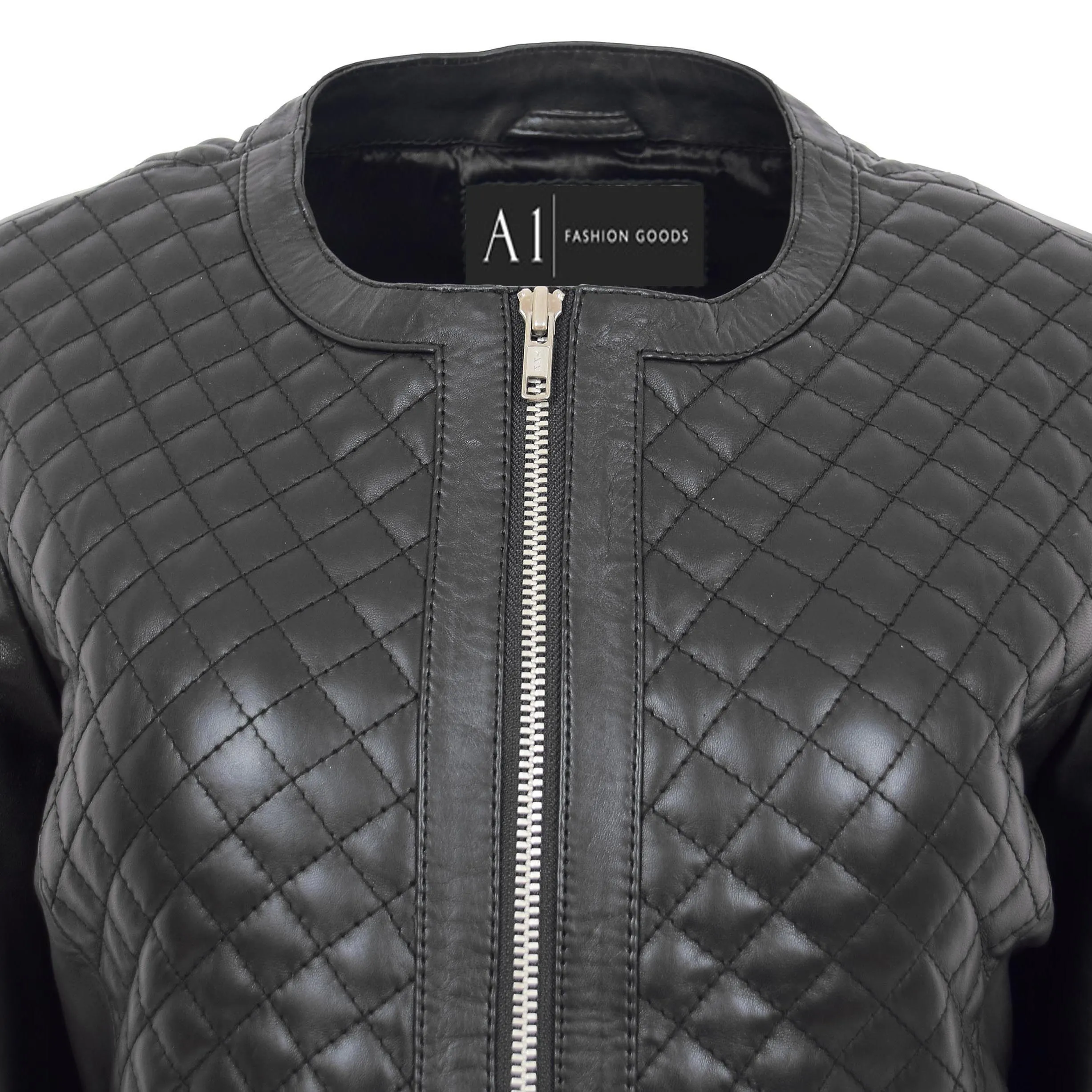 Women Collarless Black Leather Jacket Fitted Quilted Zip Up - Remi