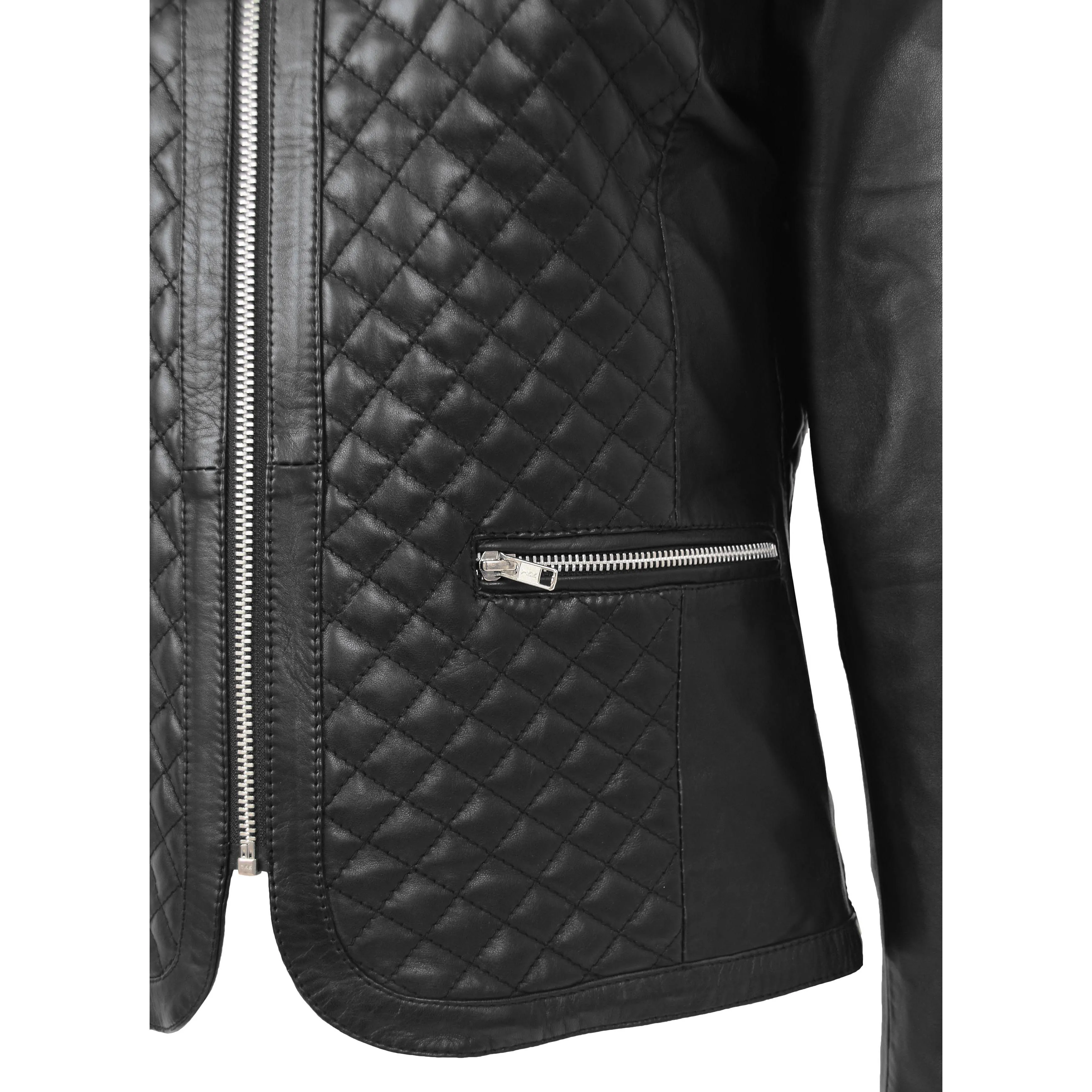 Women Collarless Black Leather Jacket Fitted Quilted Zip Up - Remi