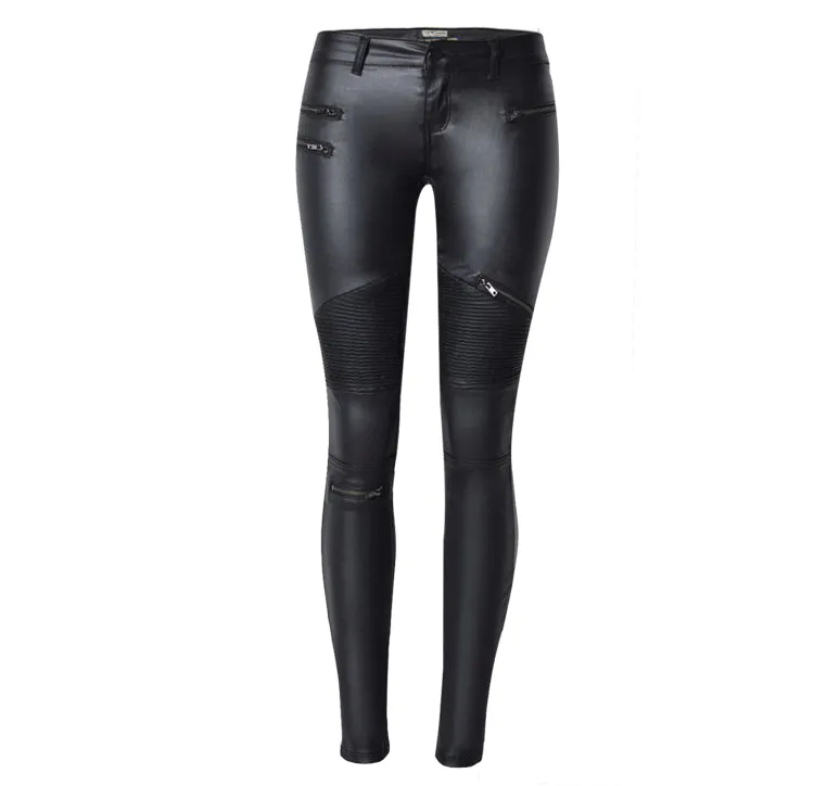 Women's Faux Leather Denim Skinny Pants Multi-Zip Motorcycle Model Plus Size