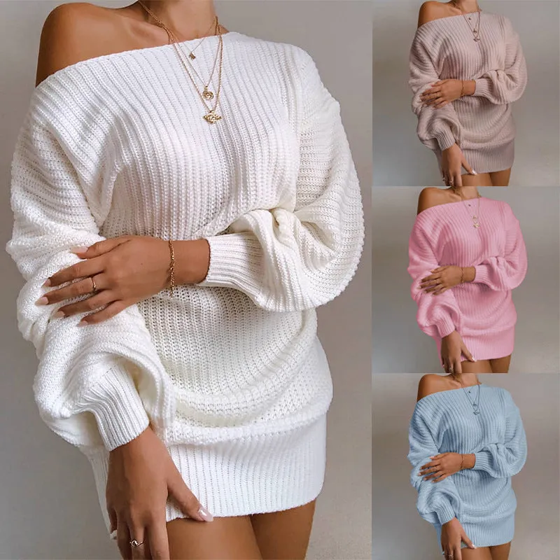 Women’s Off Shoulder Knitted Sweater Dress Autumn  Winter Loose Long Sleeve Solid Ladies Tunic Elegant Streetwear Dresses