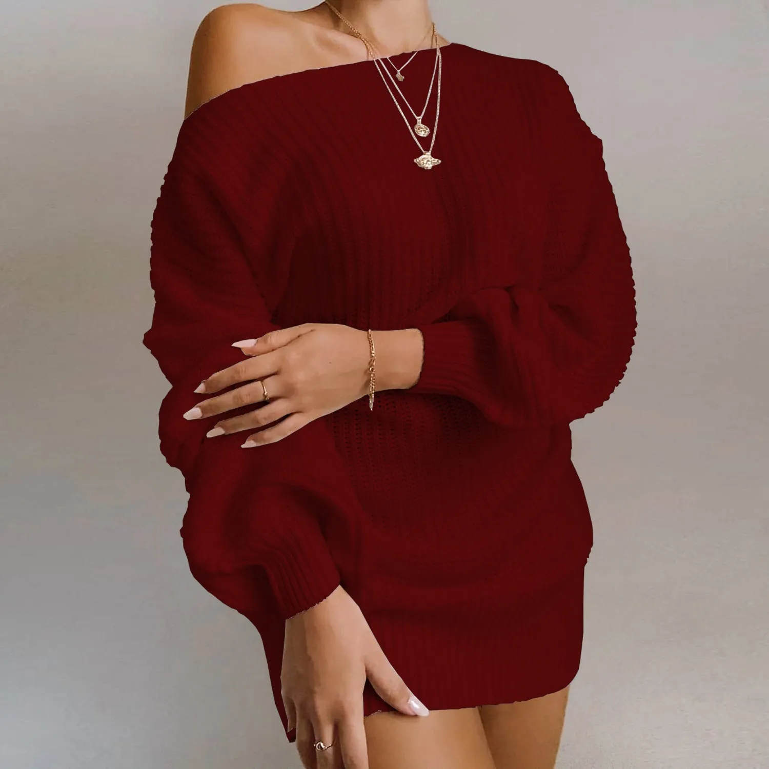 Women’s Off Shoulder Knitted Sweater Dress Autumn  Winter Loose Long Sleeve Solid Ladies Tunic Elegant Streetwear Dresses