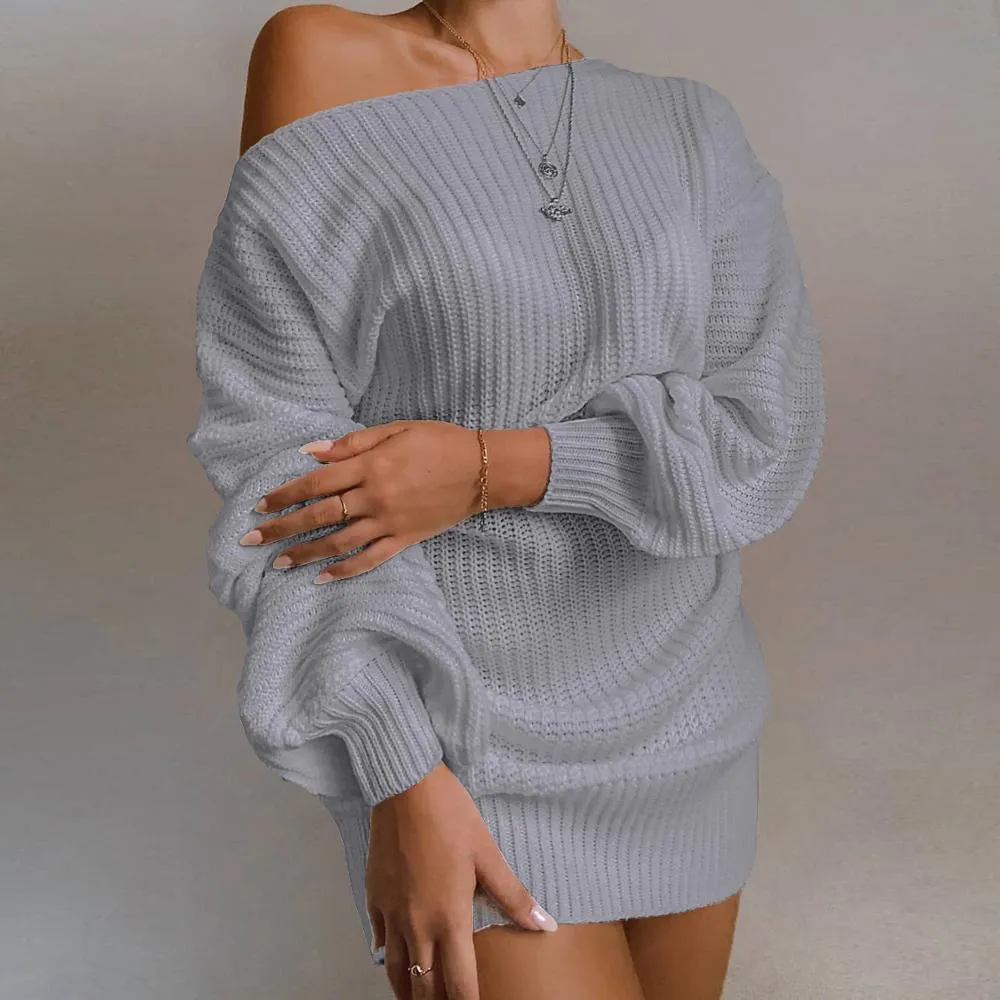 Women’s Off Shoulder Knitted Sweater Dress Autumn  Winter Loose Long Sleeve Solid Ladies Tunic Elegant Streetwear Dresses